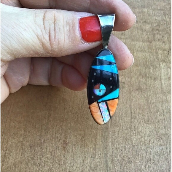 Sterling Silver Multi Stone Inlay Mosaic Geometric Pendant Zuni Vintage